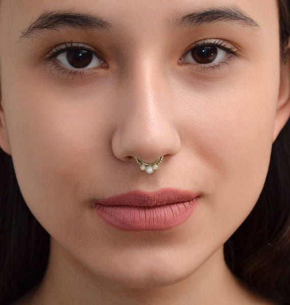 Gold Septum Ring White Opal Nose ring hoop Nipple ring