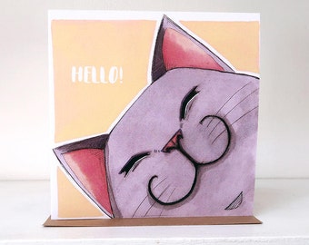 Hello! Grey Cat - Blank Greeting Card