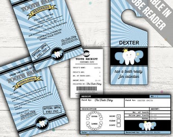 Tooth Fairy Certificate, Receipt, Letter and Door Hanger (Blue). Editable. Printable. Instant Download.