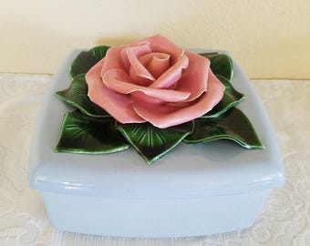 Vintage Ceramic Trinket Box, Vintage Cal Pottery Blue Ceramic Trinket Box, Vintage Vanity Box, Vintage Jewelry Box,Vintage Valley Vista Box