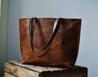 Brown leather tote bag, real leather shopper, leather bag, leather purse, leather handbag