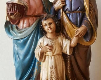 SAVE 30% Vintage Holy Family Statue Polychrome Chalkware Blessed Virgin Mary, Joseph, Infant Jesus Catholic Art Christmas Statue Religious A