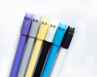 Cute Cat Pen, Kawaii Stationary, Kitten Gift, School Supplies, Tiny Kitty Faces, Gray, Black, White, Purple, Blue, Yellow