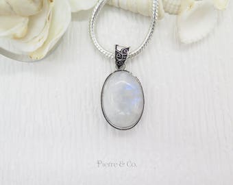 Filigree Setting Rainbow Moonstone Sterling Silver Pendant and Chain