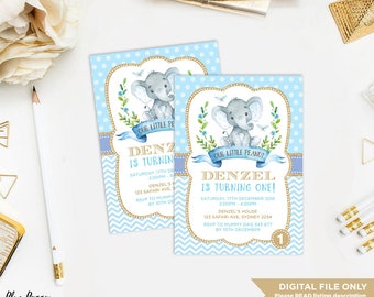 Elephant Birthday Invitation. First 1st Birthday. Blue and Gold. ANY AGE. Little Peanut Baby Shower. Boy Jungle Party Invite. Baptism. EL1