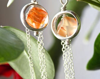 Stud Silver earrings, Carnelian, orange stone, Carnelian cube earrings
