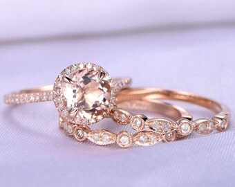 morganite engagement ring wedding ring set 14k rose gold art deco diamond matching bands 7mm round - Morganite Wedding Ring Set morganite engagement ring wedding ring set 14k rose gold art deco diamond matching bands 7mm round - Morganite Wedding Ring Set