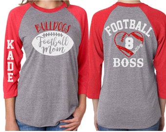 Football Mom Glitter Raglan Shirt|3/4 Sleeve Baseball|Customize with your Team & Colors