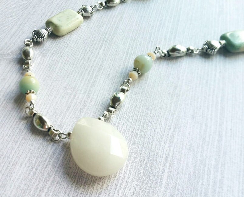 White Jade Necklace / Bead Necklace / Jade Jewelry / Silver