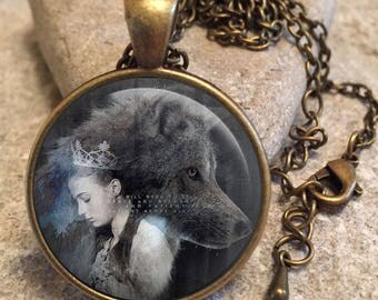 Sansa House of Stark Dire Wolves Game of Thrones Glass Dome Round Cabochon Necklace Pendant Gift UK
