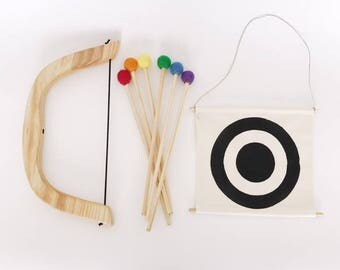 wooden bow and arrow, bullseye, pretend play, natural, play set