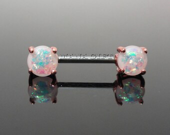 White Opal Nipple Barbell, Rose Gold Nipple Piercing, 14 GA Opal Nipple Barbell Ring, Opal, Rose Gold, Barbell, H 49