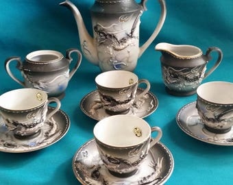 PCDG Black Dragonware Moriage Tea Set/Dragonware Tea Set/Dragonware Teapot with Cup and Saucers/Dragonware Creamer and Sugar Bowl/Lithophane