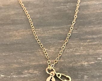 Tiny Initial Gold Safety Pin Necklace, Dainty Gold Personalized Necklace and Charm, Tiny Gold Personalized Necklace and Charm, Safety Pin