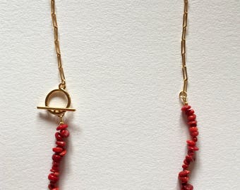 Red coral necklace, Golden necklace brass whain and red sea bambou beads