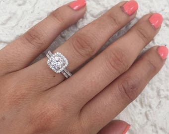 ON SALESterling silver engagement set Art Deco Ring Set-Vintage Wedding Set-Halo CZ-Engagement Ring Set-Elegant Wedding Ring-Two Ring Set