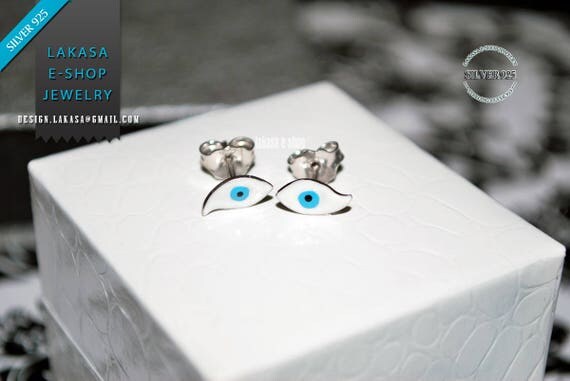 Enamel Eye Stud Earrings Sterling Silver Handmade Jewelry white Gold plated Girl Woman Kids Collection Birthday Girlfriend Summer Minimalist