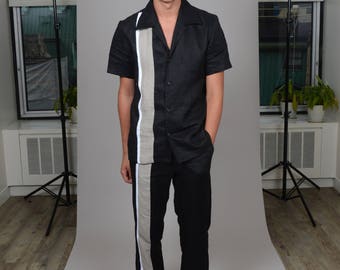 s/s linen lapel stripe shirt