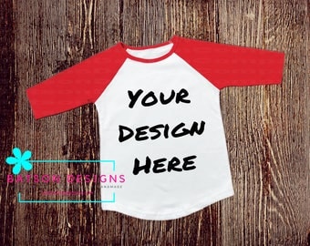 Red Sleeve Baseball Style Shirt Mockup Instant Download | T-shirt Top Mock-up Wood Background JPEG File | Commercial Use