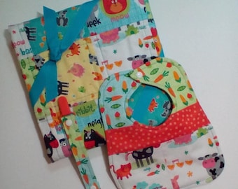 Baby Gift Package, Baby Quilt, Crib Quilt, Baby Shower Gift, Baby Gift, Baby Playmat, Homemade Quilt, Bib, Binky Clip, Farm Animals
