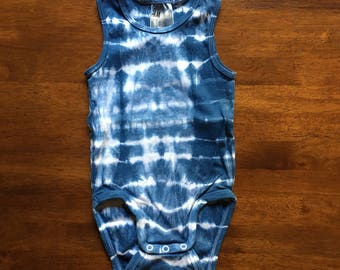 Hand-dyed Indigo Shibori Organic Cotton Sleeveless Onesie for 9-12 months