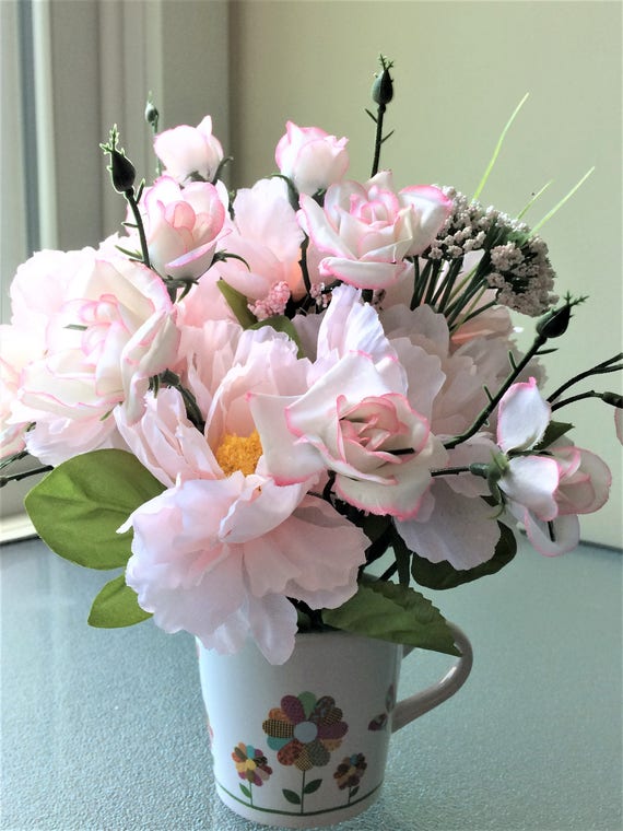 Mug of Roses Flower Arrangement Small Silk Centerpiece