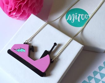 Bumper car necklace, acrylic necklace, laser cut necklace, fairground, pink necklace, retro style, bumper cars, statement necklace, plastic