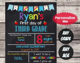 First Day of THIRD GRADE Sign First Day of School sign First Day of School Chalkboard Printable Personalized Back to School Sign ANYgrade #2