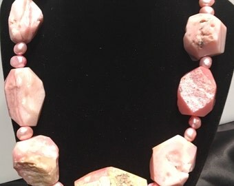 Chunky Pink Peruvian Opal and Freshwater Pearl Necklace