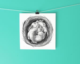 Snuggle Bunnies Print / Graphite Illustration
