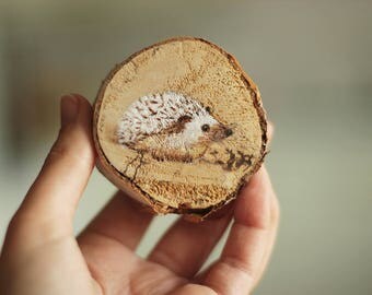 Hedgehog Wood Slice Acrylic Painting