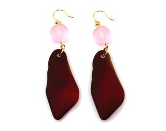 Statement Earrings, Red Earrings, Sea Glass Earrings, Sea Glass Jewelry, Red Drop Earrings, Pink Statement Earrings, Red Statement Jewelry