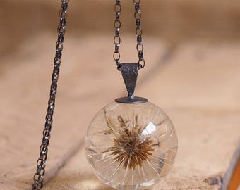 Bridal Necklace, Dandelion Resin Necklace, Oxidized Silver Chain, Botanical Jewelry, Floral Jewelry, Silver Necklace