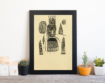 Lino Cut Print , Hand Pulled print with ink illustration by Christina Romeo , Modern Wall Art - "slowly"