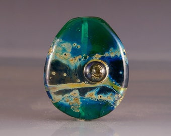 Lampwork Glass Focal Bead - tab bead in green and blue