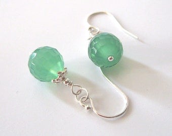 Mint Green Glass Bead Earrings, Sterling Silver, Faceted Honeycomb Glass, One of a Kind