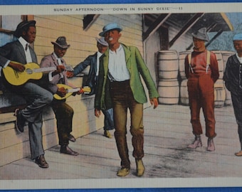 Sunday Afternoon Black Men Dance Play Music Down in Sunny Dixie Unused Linen Postcard