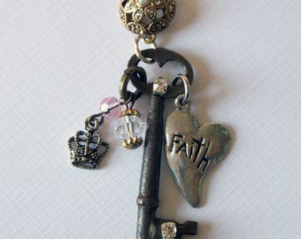 Altered Rustic Skeleton Key Necklace Vintage Key Mixed Metal Necklace Pearl Faith Crown Rhinestone Cluster Charm Long Necklace