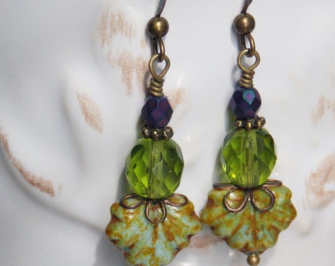 Leaf Earrings Czech Glass Earrings Maple Leaf Earrings Picasso Green Purple Czech Glass Jewelry Earthy Woodland Autumn Gift Earrings
