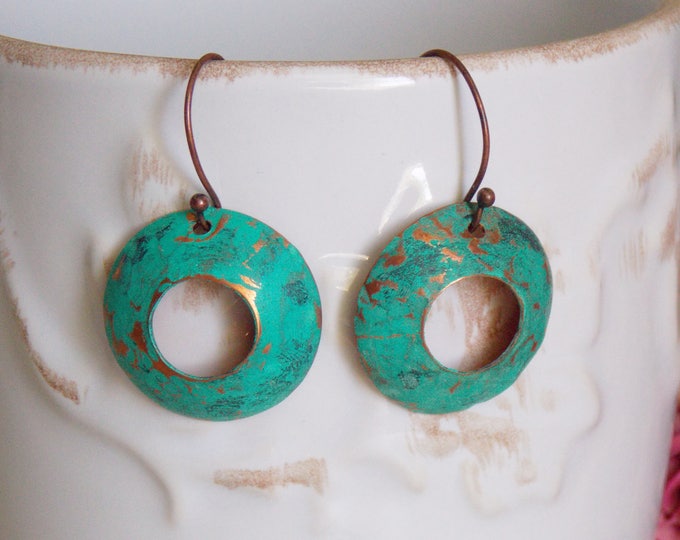 Copper Disk Earrings Patina Blue Distressed Bohemian Boho Minimalists Rustic Drop Circle Forged Earrings
