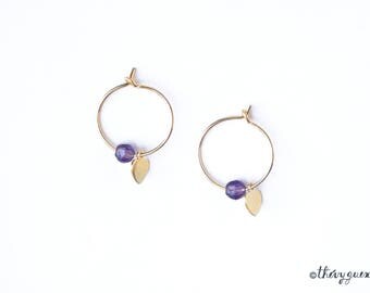 Boucles D'oreilles Créoles Plaquées Or Avec Rangée De Pierres Améthyste - Neuf Avec étiquettes