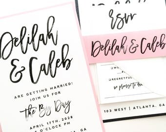 Wedding Invitation, Wedding Invite, Wedding Suite, Black, White, Pink | PRINTED SAMPLE