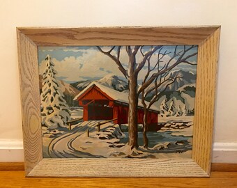 50s Paint-By-Numbers Midcentury Kitsch Framed Art Snowy New England Winter Woodland Scene Red Covered Bridge
