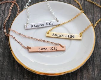 FREE SHIP • Greek Jewelry Bar Necklace Greek • Sorority Letter Bar Necklace • Big Sis Gift Chi Omega • Alpha Xi Delta Kappa Gamma Rush Gift