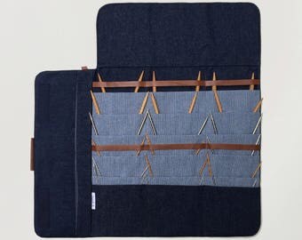 Circular Knitting needle Case, Fixed circular needle organizer, Denim case