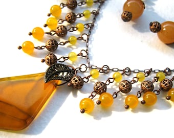 Mixed yellow stones, fringe bib necklace, short drop earrings, artisan jewelry set