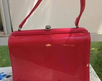 Vintage 1950s 1960s Handbag Purse Hot Lipstick Pink Patent/Vinyl Socialites By Theodur Fabric Lined