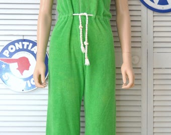 Vintage Womens Terry Cloth Pantsuit Jumpsuit Romper Onesie 60s Mod One Piece Flare Bell Bottom Bright Green White Trim Zipper Front