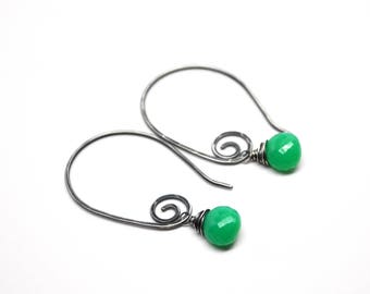 Oxidized Silver Chrysoprase Earrings, Petite Vibrant Apple Green Chrysoprase Dangles, Flawless AAA Rated Natural Gemstone Spiral Earrings