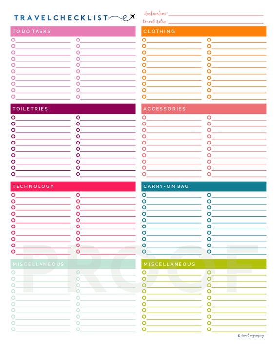 Fillable Travel Checklist Printable INSTANT DOWNLOAD
